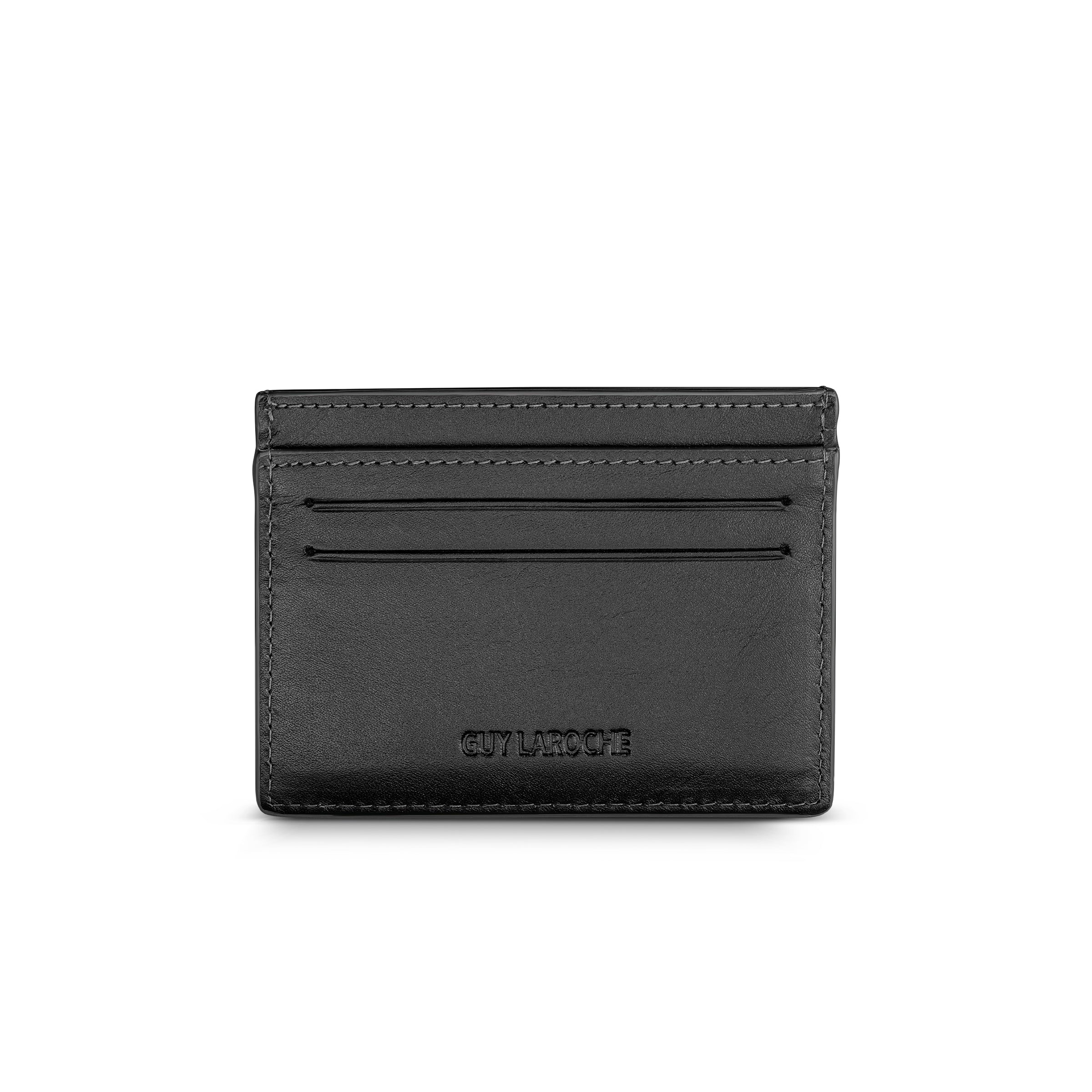 Black leather card case with three front card slots, a top opening, and 'GUY LAROCHE' debossed on the front.