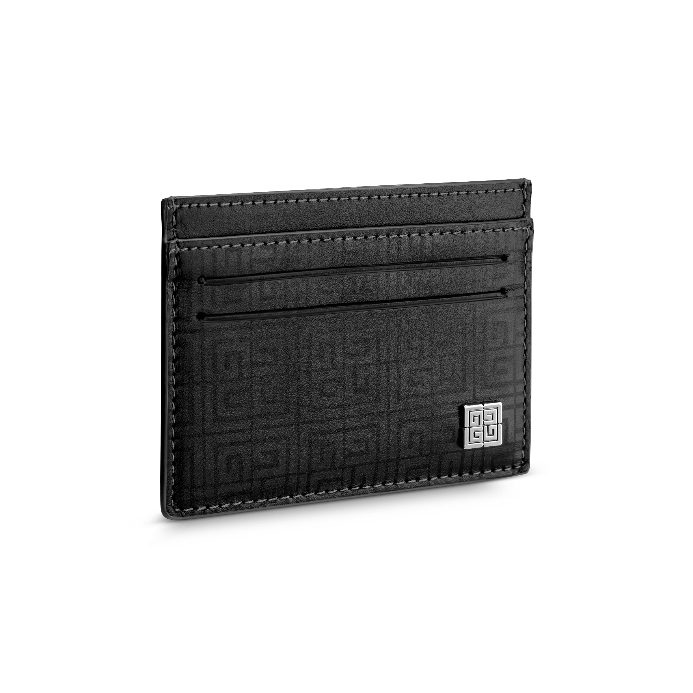 Black leather card case with subtle embossed geometric pattern, four card slots, light grey stitching, and a silver-toned log