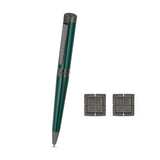Guy Laroche pen with a deep green barrel and gunmetal-toned clip and tip, alongside two square gunmetal-toned cufflinks with