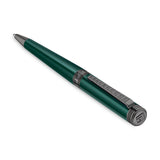 Dark green pen with gun-toned tip, clip, and cap. Features a geometric pattern on the middle band and clip, and a logo on the