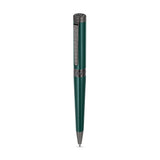 Green pen with gunmetal-toned accents. The clip, cap top, and a central band feature a repeating square pattern.