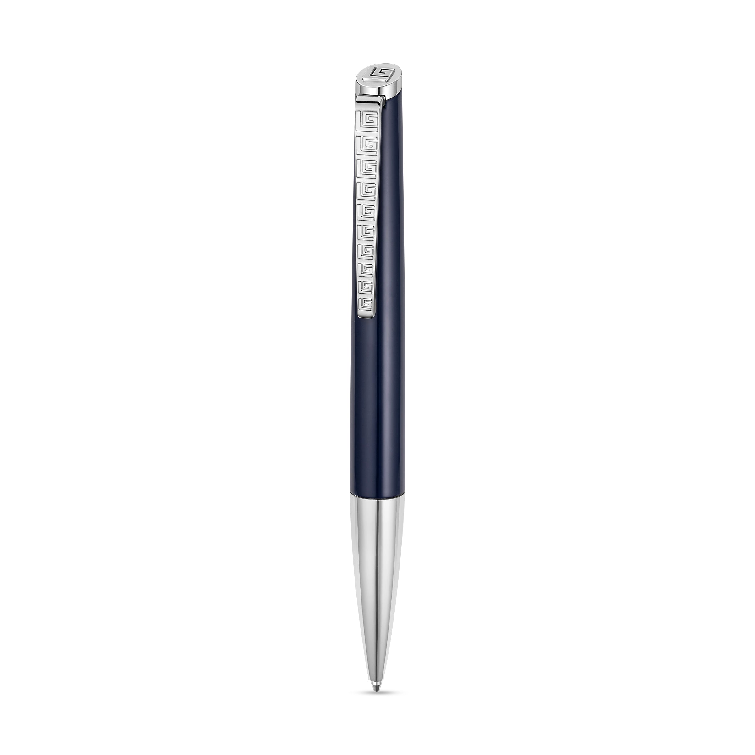 Navy blue enamel pen with silver-toned tip and clip, featuring a geometric pattern on the clip and a brand logo on the cap.