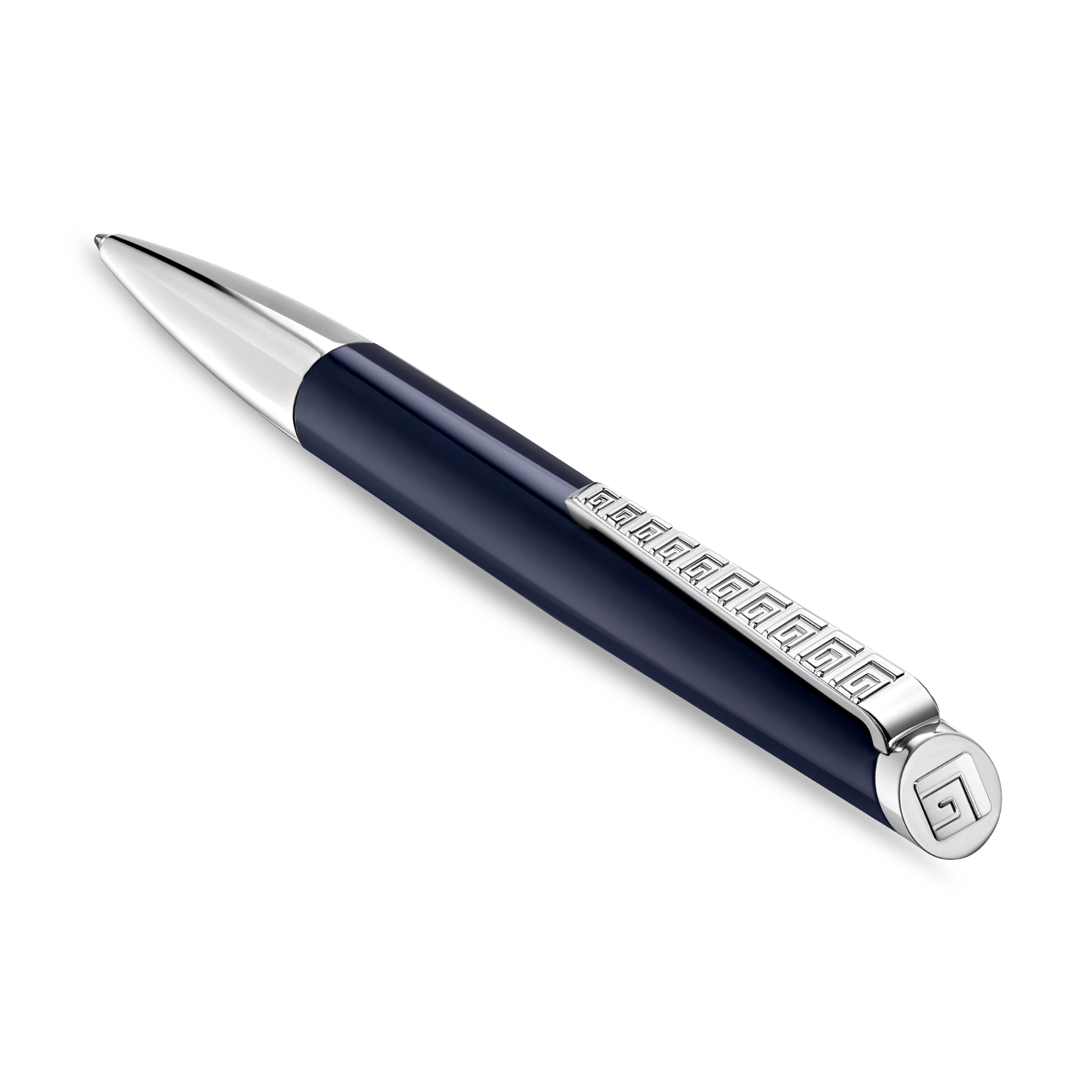 Dark blue enamel ballpoint pen with silver-toned conical tip, clip featuring a repeating geometric pattern, and cap end with