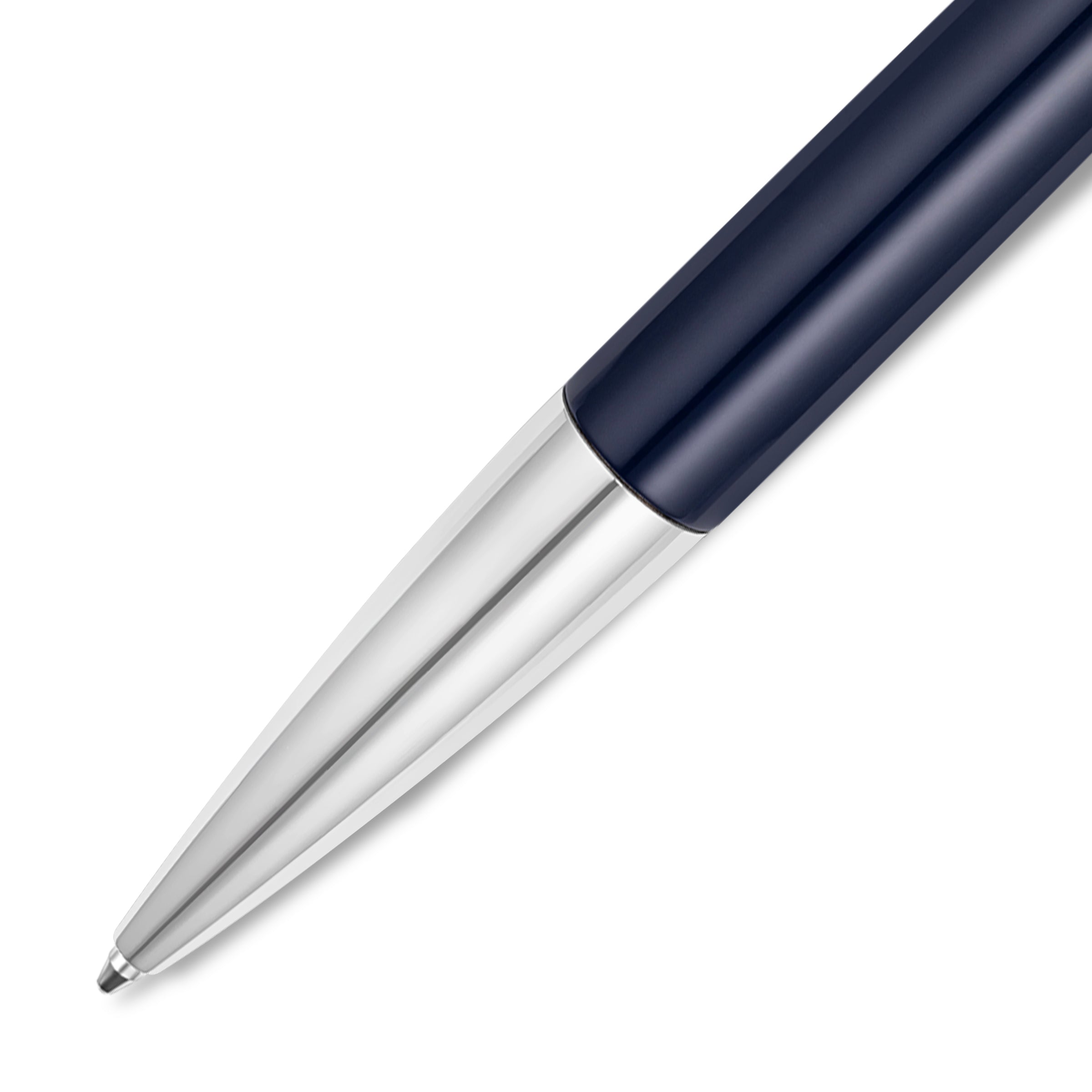 Sleek pen with a glossy dark blue enamel barrel and a tapering silver-finished tip, revealing a small ballpoint.