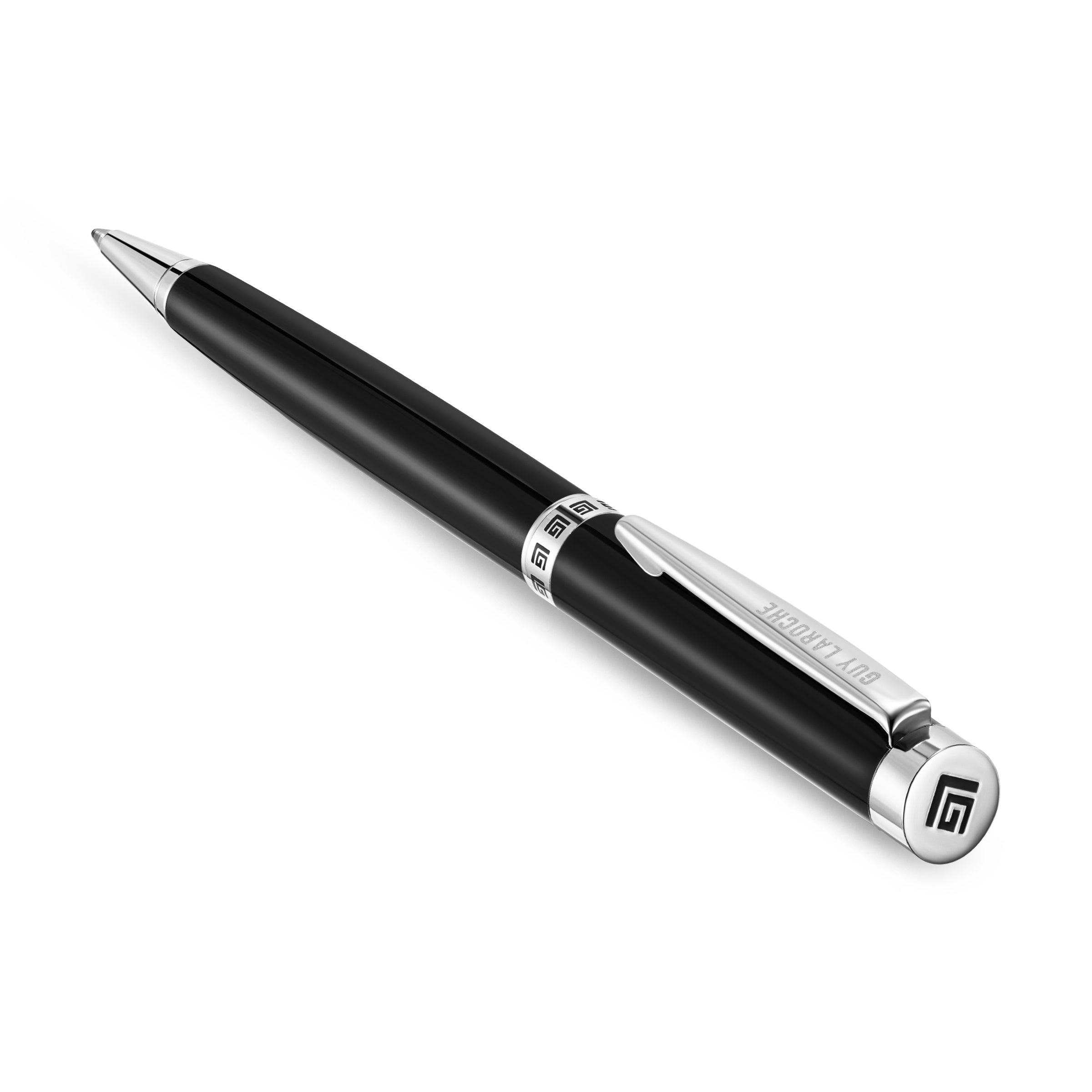 Black ballpoint pen with silver-toned tip, clip, and end cap. The clip is engraved 'GUY LAROCHE'. A geometric pattern band an