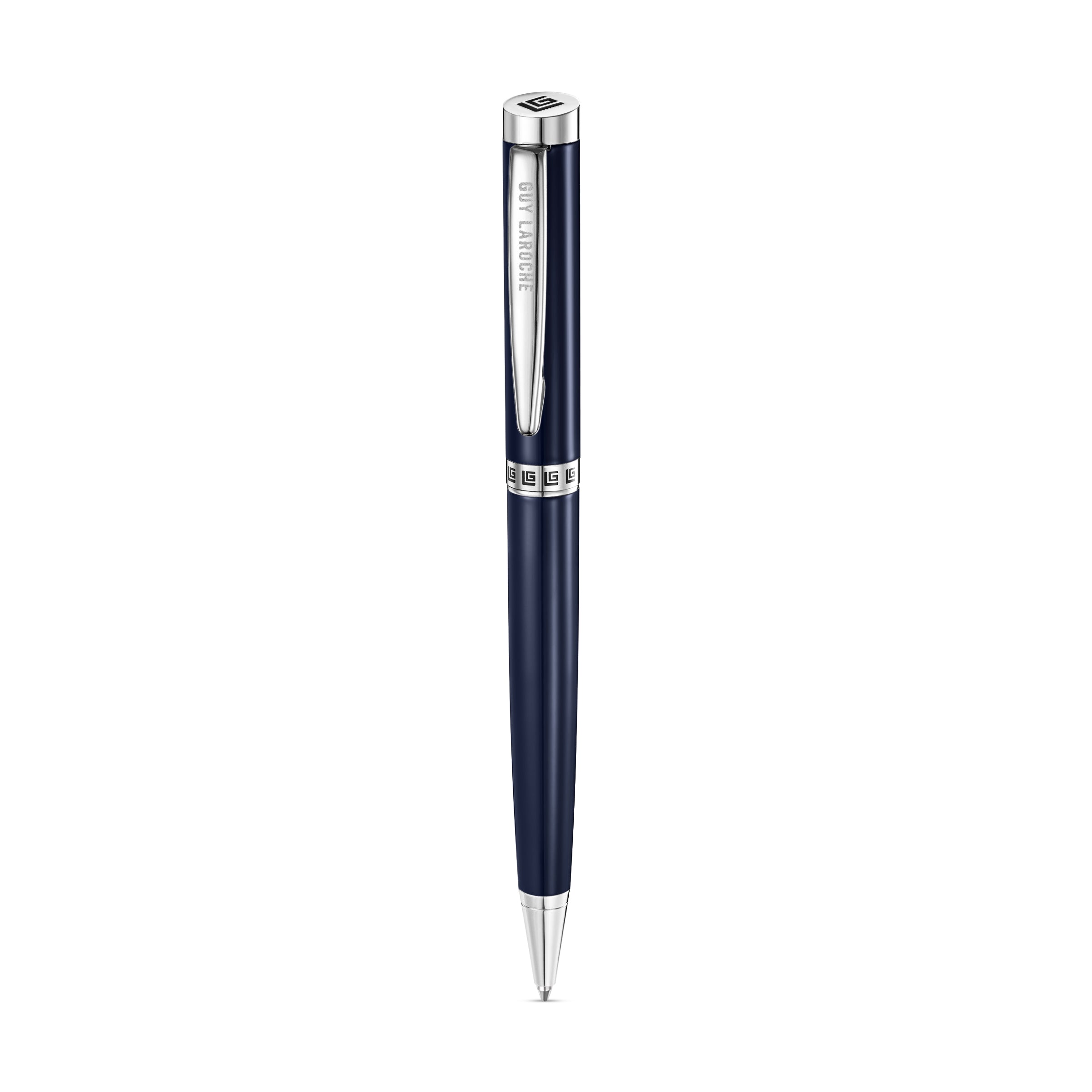 Guy Laroche ballpoint pen with a dark blue body, silver-toned clip, and patterned band.