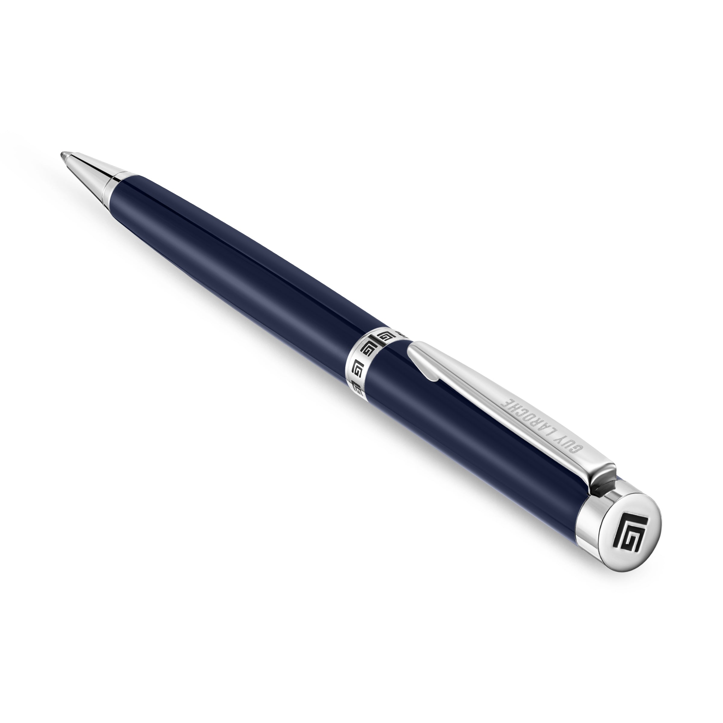 Dark blue pen with silver-toned tip, clip engraved 'GUY LAROCHE', and band/cap end featuring a geometric pattern.