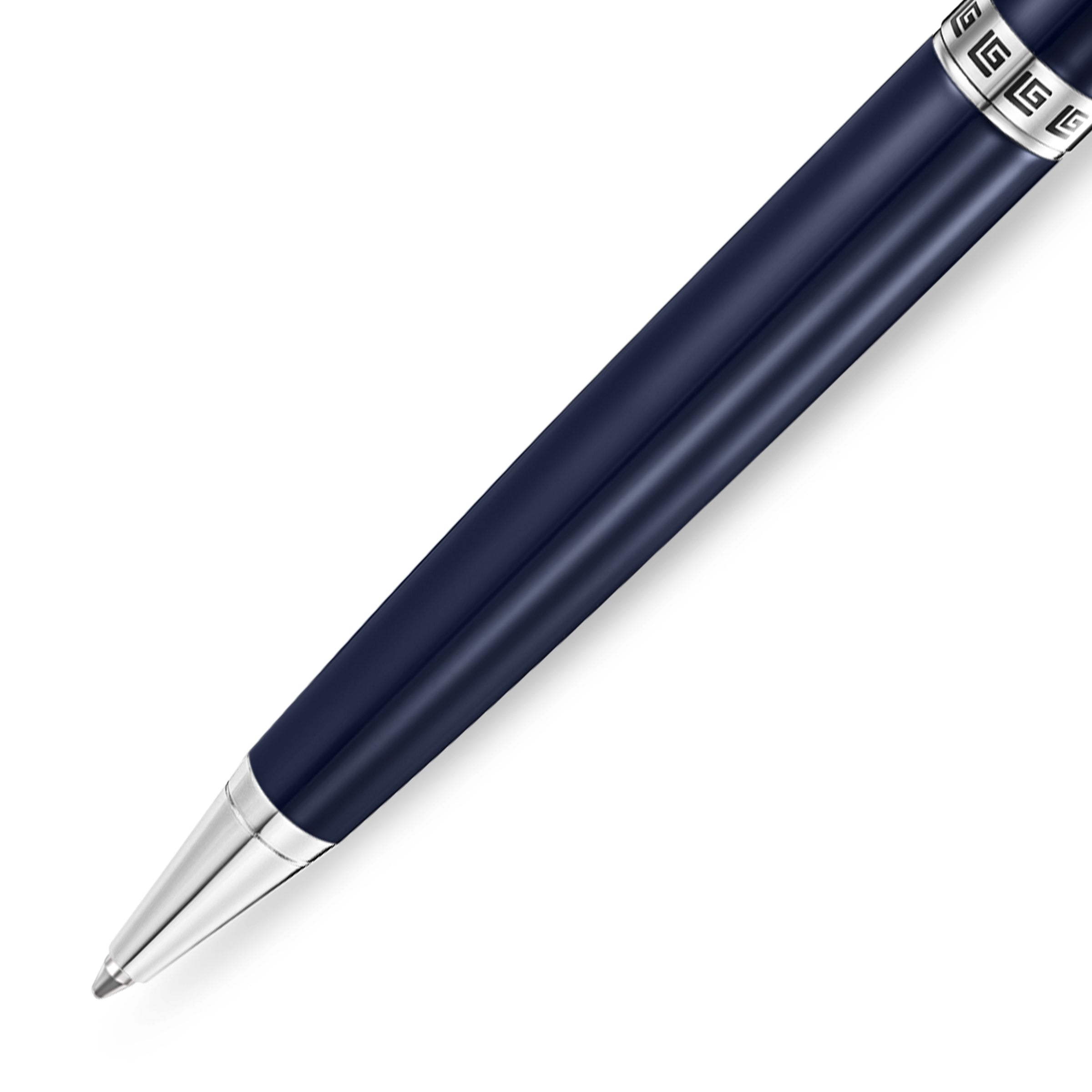 Dark blue matte pen with a silver-toned conical tip and two silver-toned bands featuring a geometric pattern.