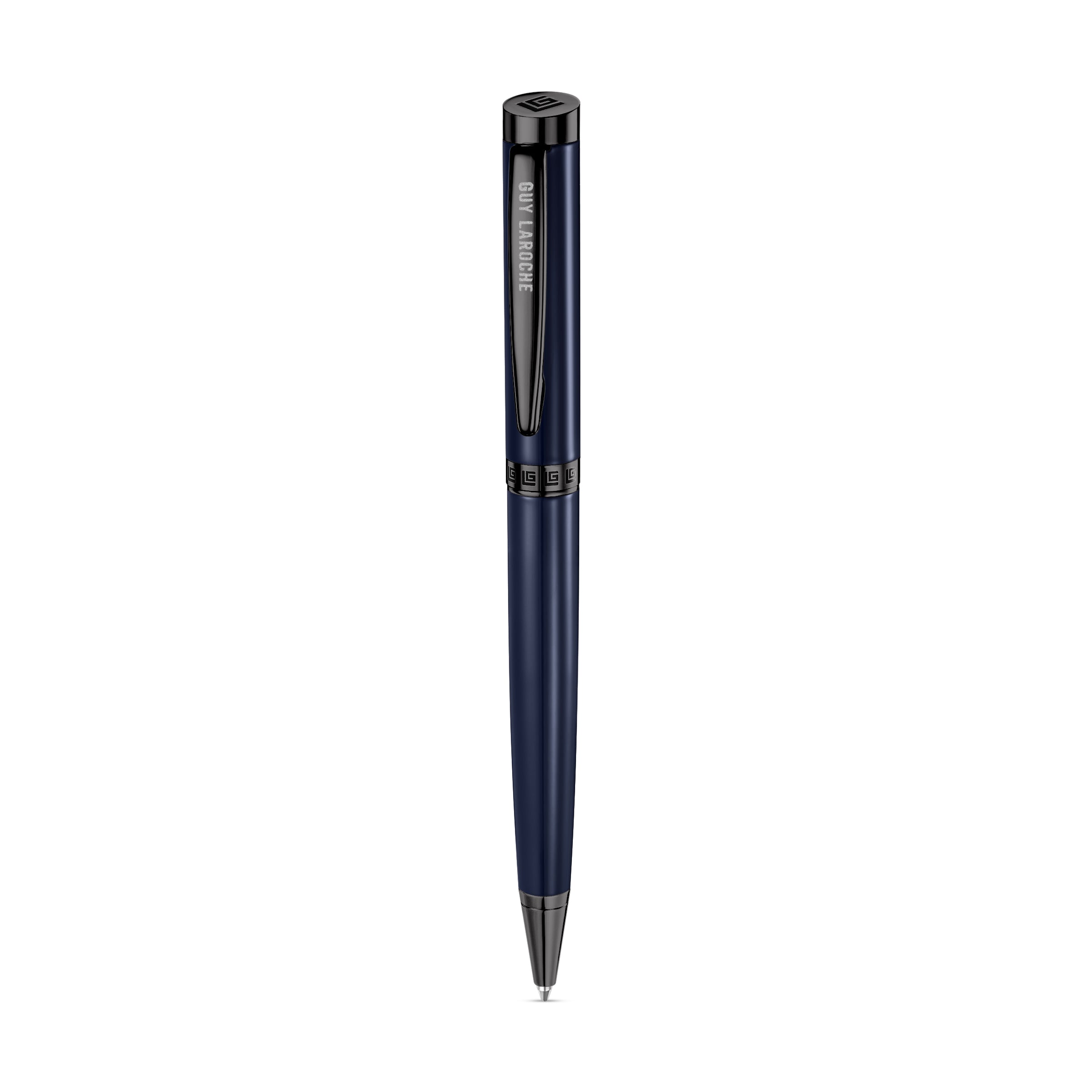 Dark blue Guy Laroche pen with gunmetal-toned trims, engraved brand name on clip, and geometric pattern on mid-band.