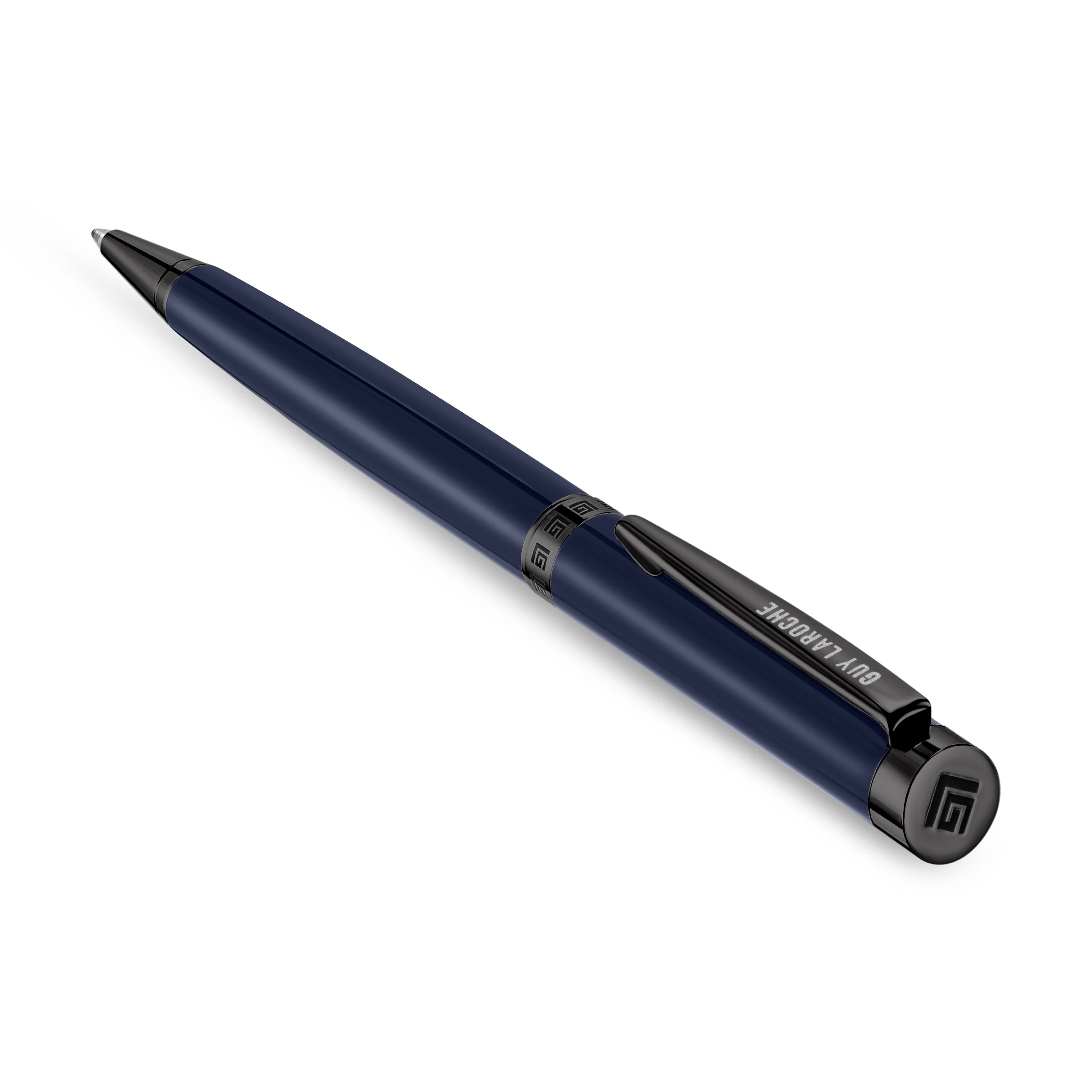 Dark blue click pen with gun-toned trims. Features a patterned band, a clip with "GUY LAROCHE" engraving, and a logo on the t