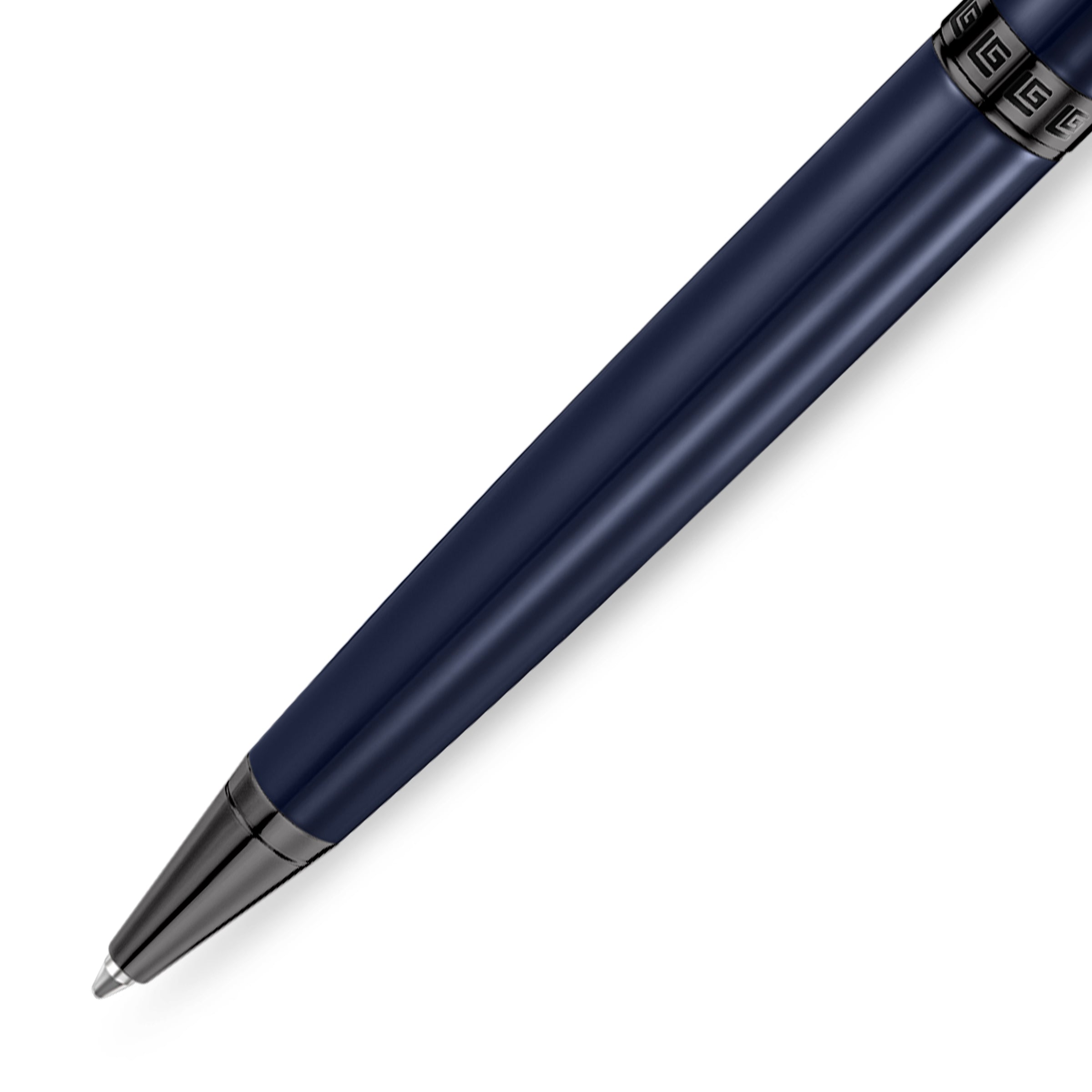 Matte dark blue pen with gun-toned trims, including the tip and a band with an interlocking G pattern.