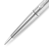 Silver-toned stainless steel ballpoint pen with etched hexagonal pattern, square motif band, and 'GUY LAROCHE' on clip.