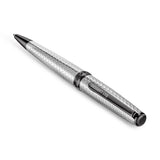 Silver-toned pen with honeycomb-patterned body and black trims. Black clip features 'GUY LAROCHE' text; cap top has a square