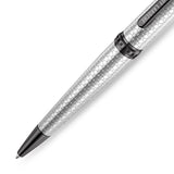 Silver-toned metal ballpoint pen with a hexagonal pattern, black tip, and a black band with repeating 'G' logos.