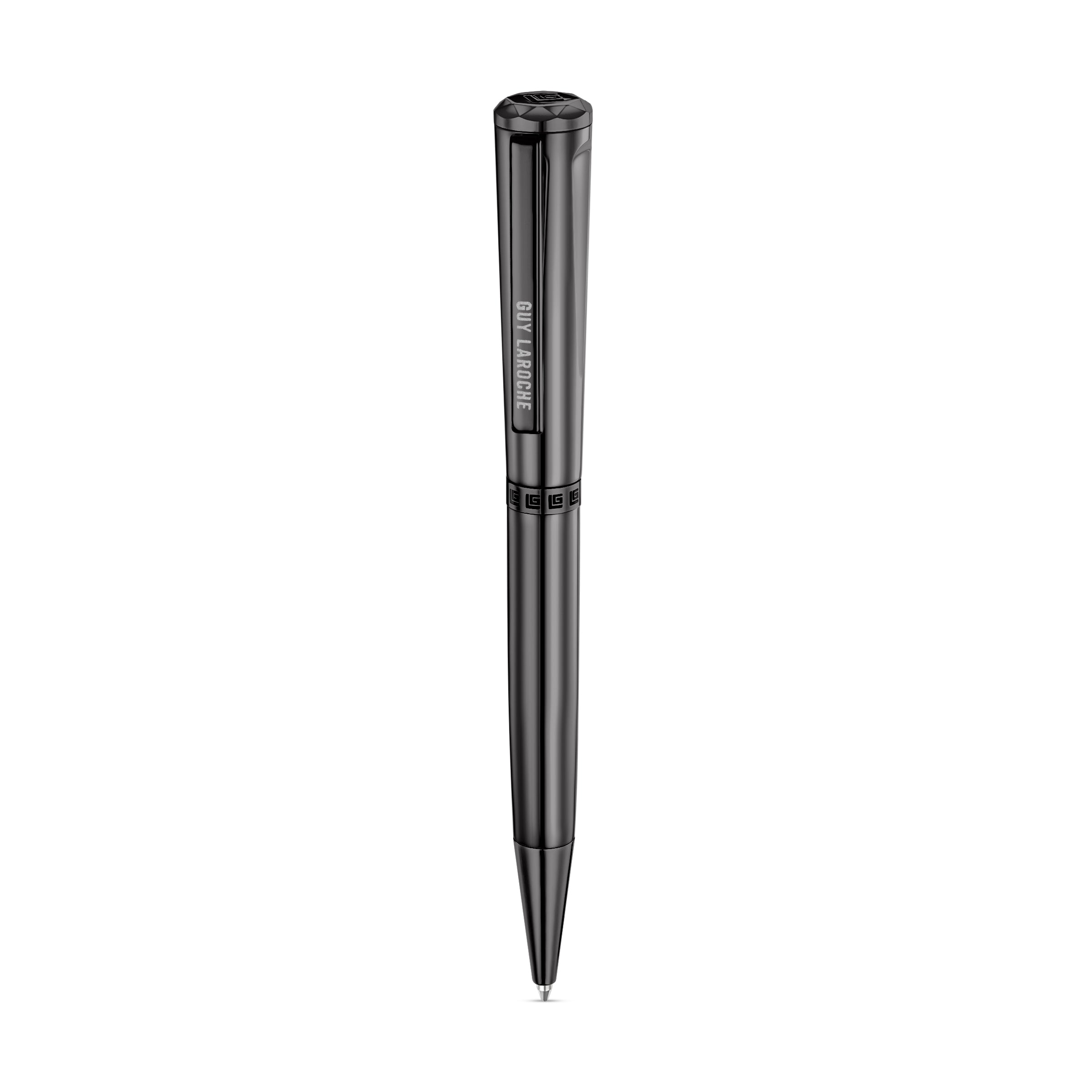 Sleek gunmetal-toned Guy Laroche pen with a polished metallic finish, integrated clip, and brand logo on the cap.