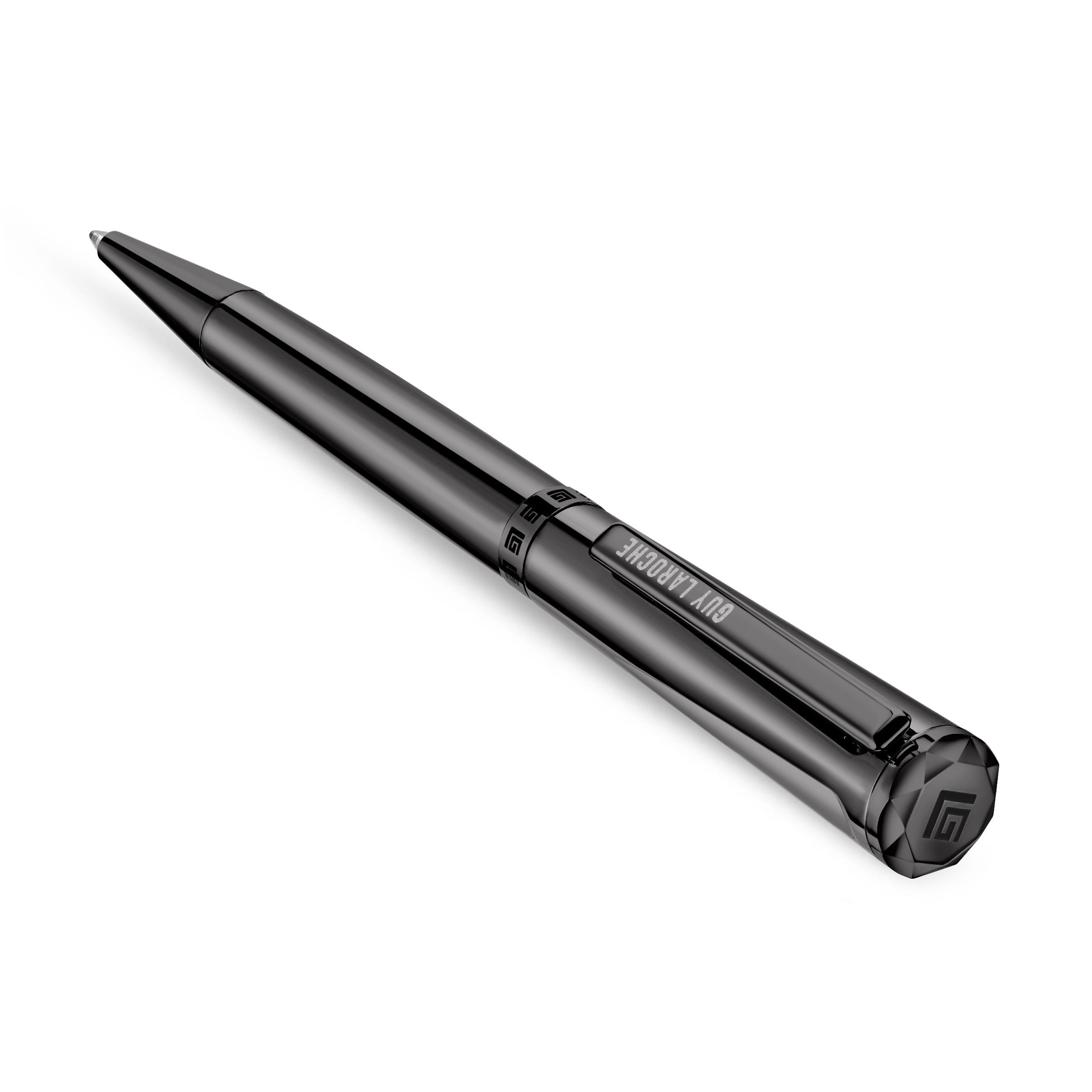 Gunmetal-finished ballpoint pen with 'GUY LAROCHE' on clip, geometric pattern band, and faceted top with square logo.