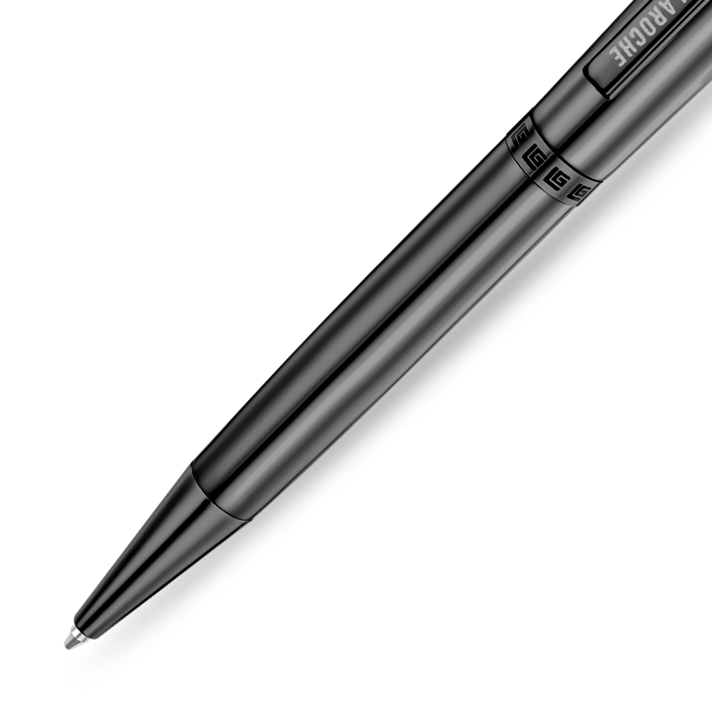 Dark gray gunmetal pen with a sleek body, a patterned band of G-shapes, and 'LAROCHE' text on the clip. Silver-toned tip.