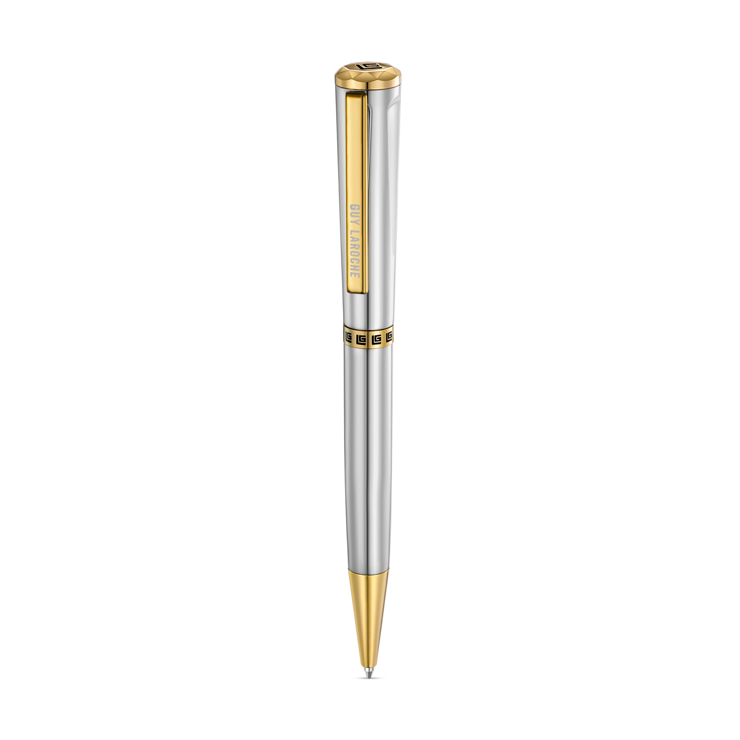 Silver and gold-toned Guy Laroche ballpoint pen with a polished finish and geometric pattern band.