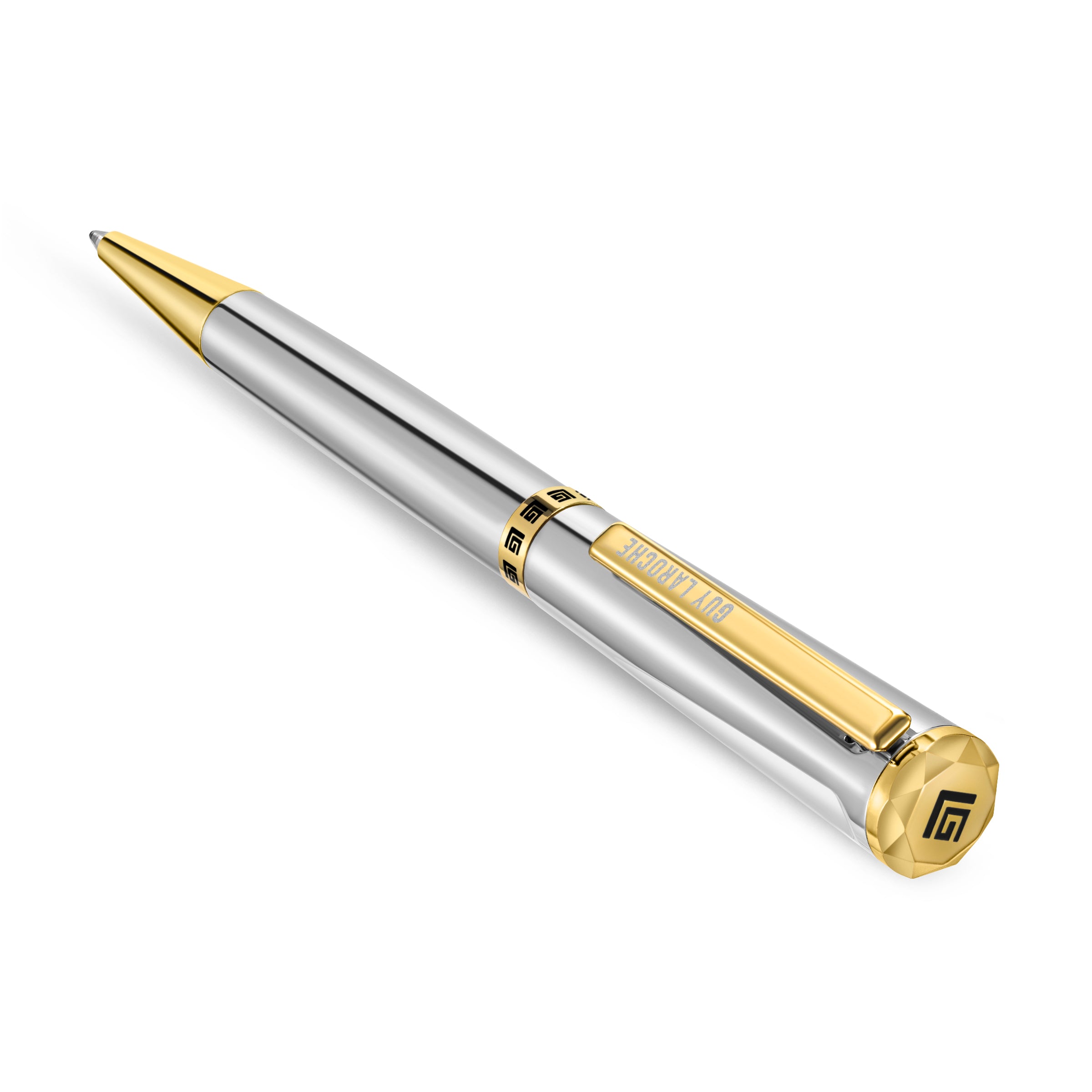 Silver-toned ballpoint pen with gold-toned tip, clip, and faceted cap. Clip has 'GUY LAROCHE' text. Cap and band have 'G' log