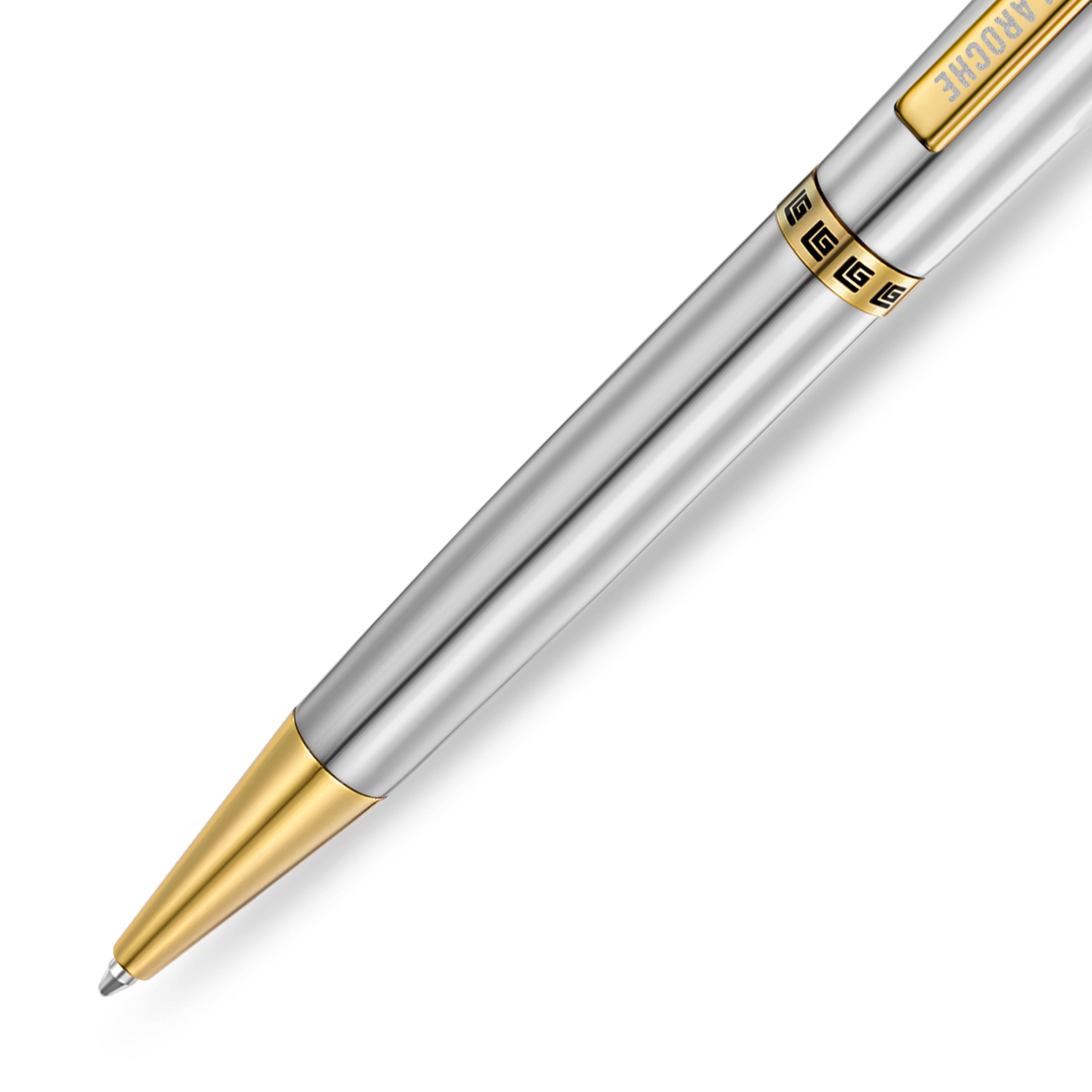 Silver-toned pen with a gold-toned tip. It features a gold-toned band with a repeating pattern and a gold-toned clip with "LA