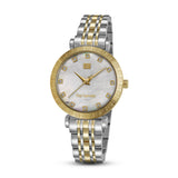 Guy Laroche women's watch with silver-toned and gold-toned bracelet, gold-toned case, and white mother-of-pearl dial with cry