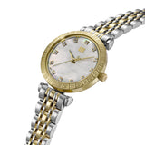 Round gold-toned watch with Greek key bezel, white mother-of-pearl dial with clear stone markers, and a two-toned gold and si