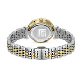 Back view of a gold-toned watch with a silver-toned backplate. The bracelet is two-toned, silver and gold-toned links, with a