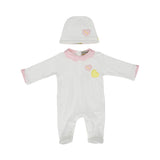 Front view of a white baby onesie with a pink collar, pink cuffs, and embroidered hearts, shown with a matching white beanie with a pink heart.