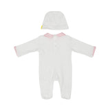 Back view of a white baby onesie with a pink collar, showing the snap button placket and the reverse side of the matching white beanie.