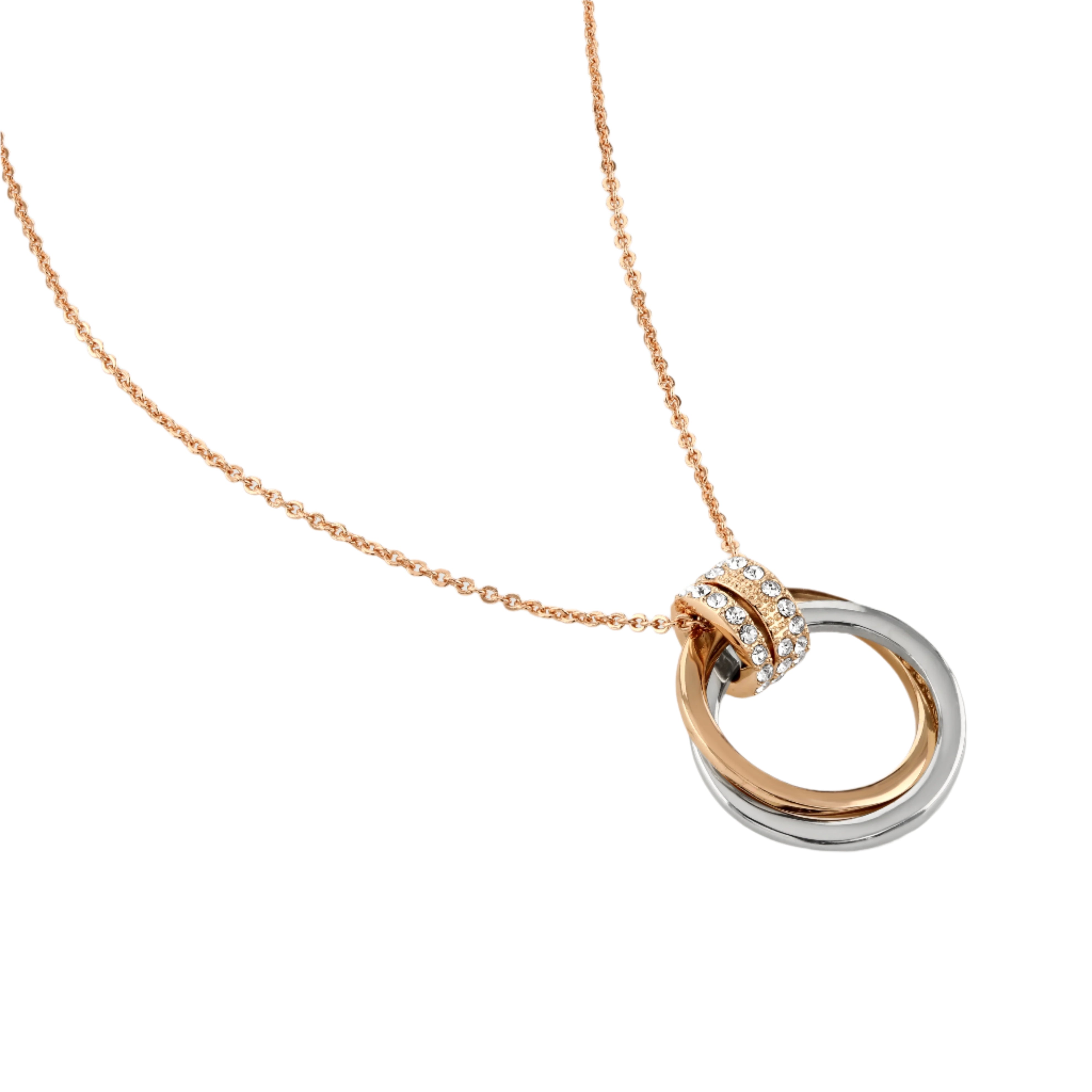 Buckley London Polished And Crystal Double Hoop Pendant Rose Gold SS25 | departure-to-desk | Fashion Jewellery | Necklace | Necklace With Pendant | new-season-2025 | Women | Women Necklaces | Womens