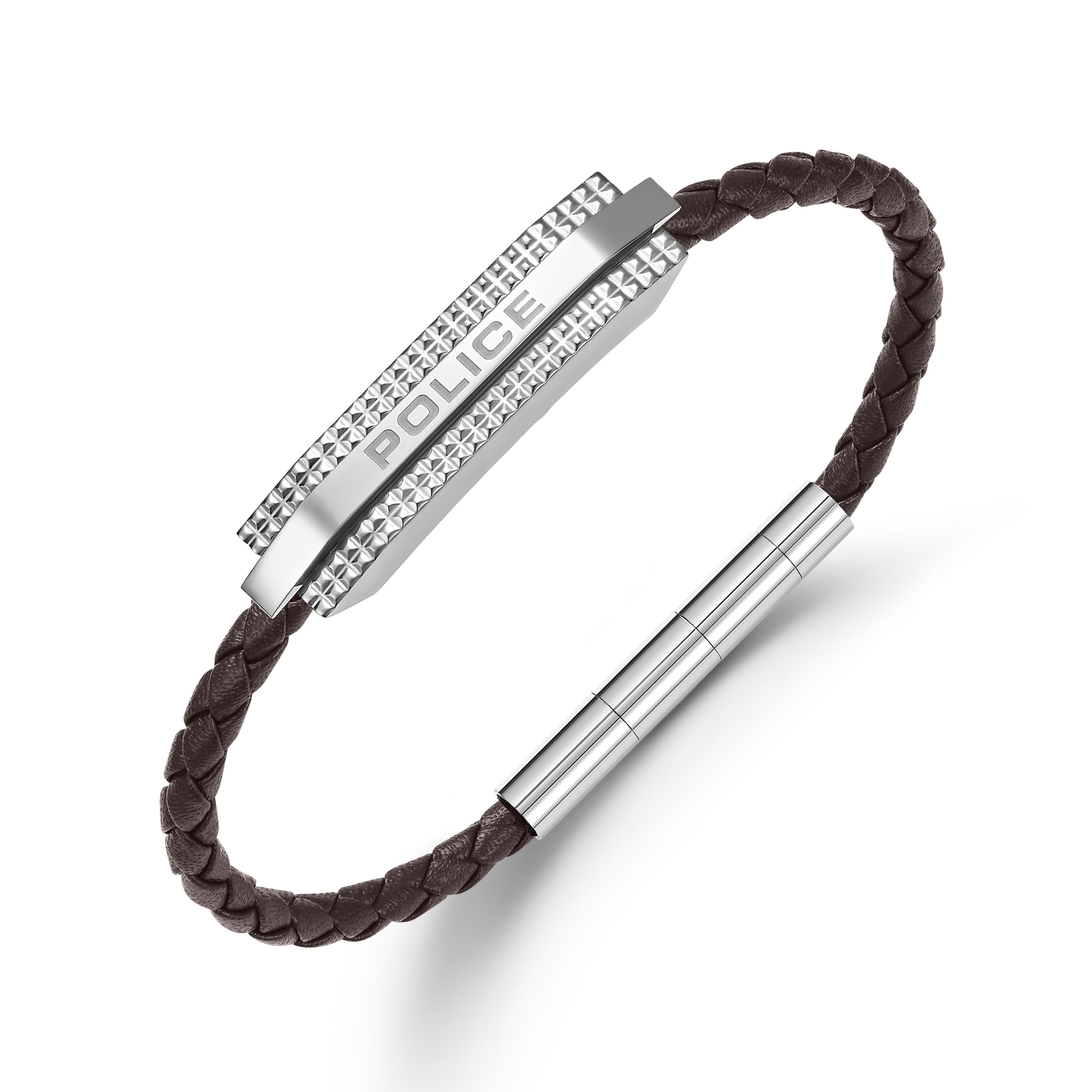 Dark brown braided leather bracelet with a silver-toned bar featuring "POLICE" engraving and studded edges, connected to a cy
