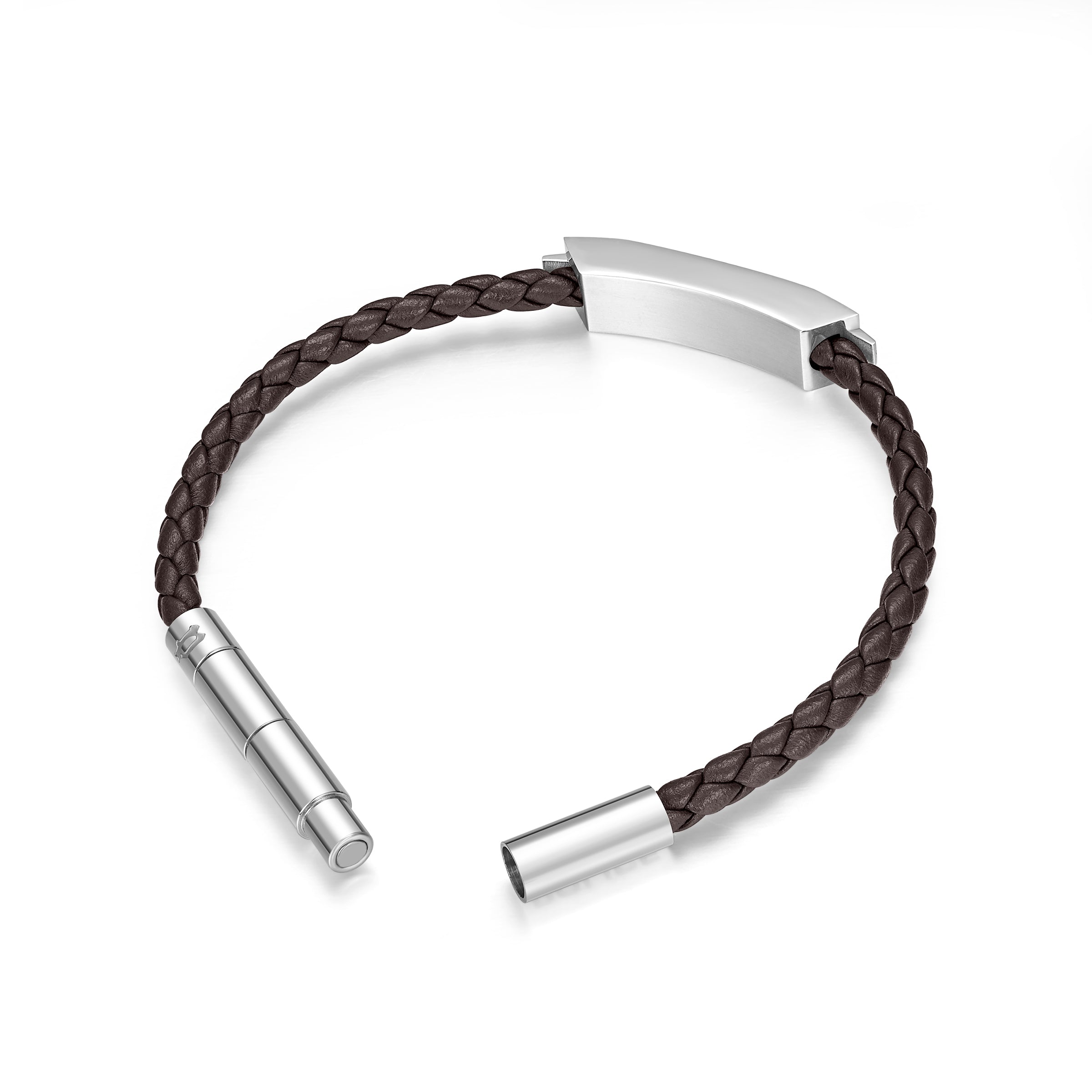 Brown braided leather bracelet with a silver-toned curved rectangular bar and a magnetic cylindrical clasp.
