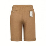 Brown linen shorts with elasticated waist, two back welt pockets with light brown buttons, and cuffed hems.