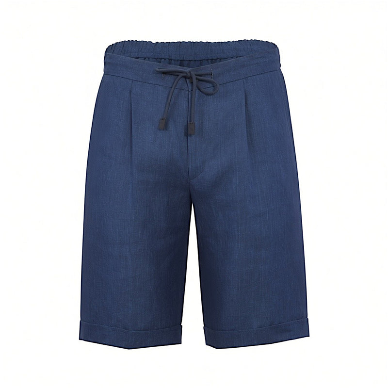 Navy blue relaxed-fit shorts with an elasticated drawstring waistband, front pleats, and cuffed hems.