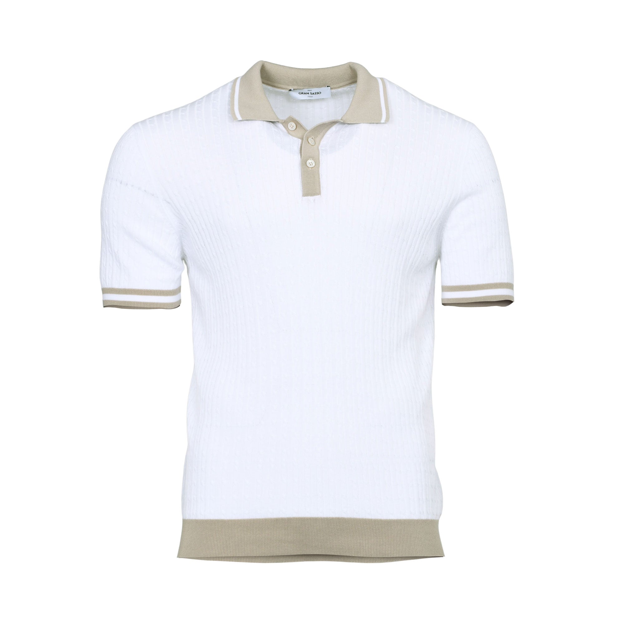 Gran Sasso Men's White & Beige Ribbed Knit Tennis Polo Shirt | All Clothing | departure-to-desk | Men | Men's Polo Shirt | Mens | Mens Fashion | new-season-2025 | Polo T-shirt | Tops & T-Shirts