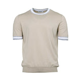 Gran Sasso Men's Beige Knitted Crew Neck T-Shirt with Striped Trim