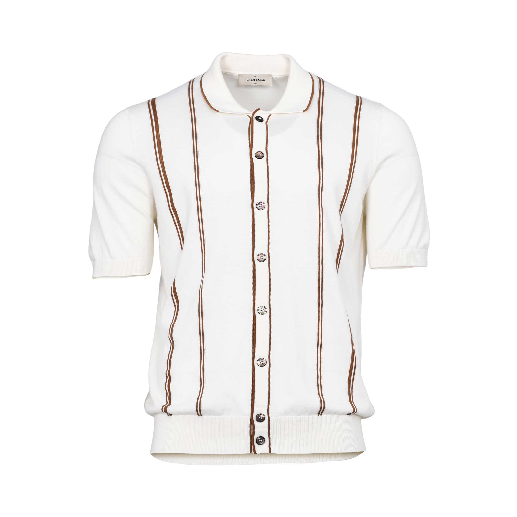 Gran Sasso Men's White Knitted Short-Sleeve Shirt with Brown Stripes | All Clothing | departure-to-desk | Men | Mens | Mens Fashion | new-season-2025 | Shirts & T-Shirts Gran Sasso Men's White Knitted Short-Sleeve Shirt with Brown Stripes | All Clothing | departure-to-desk | Men | Mens | Mens Fashion | new-season-2025 | Shirts & T-Shirts