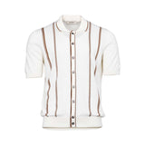 Gran Sasso Men's White Knitted Short-Sleeve Shirt with Brown Stripes
