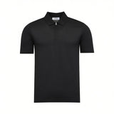 Black short-sleeve cotton polo shirt with a collar and a silver-toned zip-neck closure.