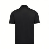 Black short-sleeve polo shirt, back view, with a ribbed collar.