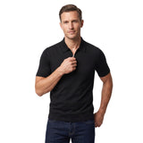 Black short-sleeve knit polo shirt with a collar and a silver-toned zip-neck closure.