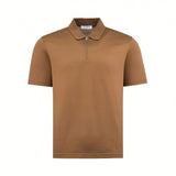 Brown short-sleeved cotton polo shirt with a classic collar and a quarter-zip placket with a silver-toned zipper pull.
