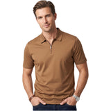 Brown fresh cotton short-sleeve polo shirt with a ribbed collar, ribbed cuffs, and a silver-toned zip-neck.