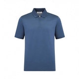 Blue short-sleeve knit polo shirt with a classic collar and a silver-toned zip-neck closure.