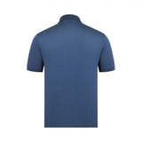 Blue short-sleeve pique knit polo shirt, seen from the back, with a ribbed collar and cuffs.