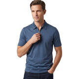 Men's blue fresh cotton short-sleeve polo shirt with a zip-neck, classic collar, and ribbed cuffs.