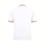 White short-sleeved polo shirt with a beige ribbed collar and sleeve cuffs, each detailed with two thin black stripes.