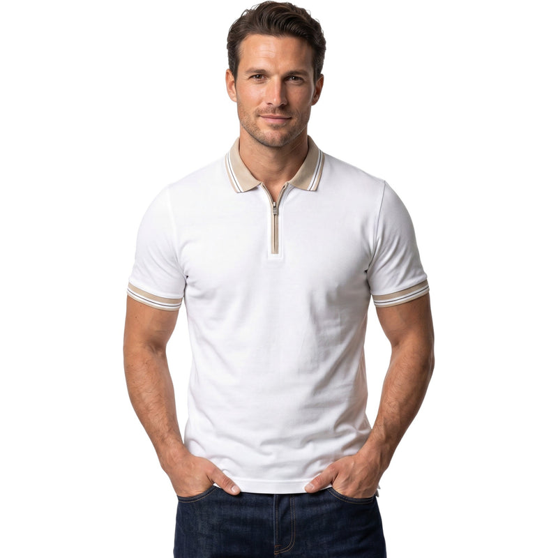 White men's short-sleeved polo shirt with beige collar and striped cuffs, featuring a quarter-zip placket.