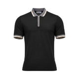 Black short-sleeved knit polo with a grey collar and ribbed cuffs, both featuring white and beige stripes. Grey quarter-zip p