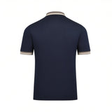 Navy blue short-sleeved polo shirt with ribbed collar and cuffs. Both feature grey-brown, white, and thin dark stripes.